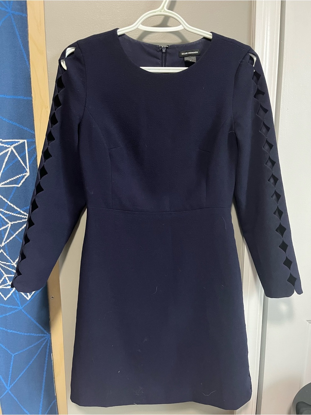 Club Monaco Navy Long-Sleeve Dress with Lattice Sleeve Detail
